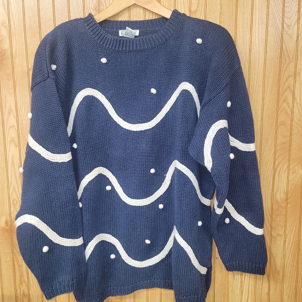 Vintage Gallagher Navy Blue Wave Pom‎ Pom Knit Sweater Womens Large Ramie Cotton